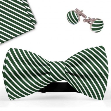 Set papion barbati, batista, butoni, verde, dungi albe subtiri